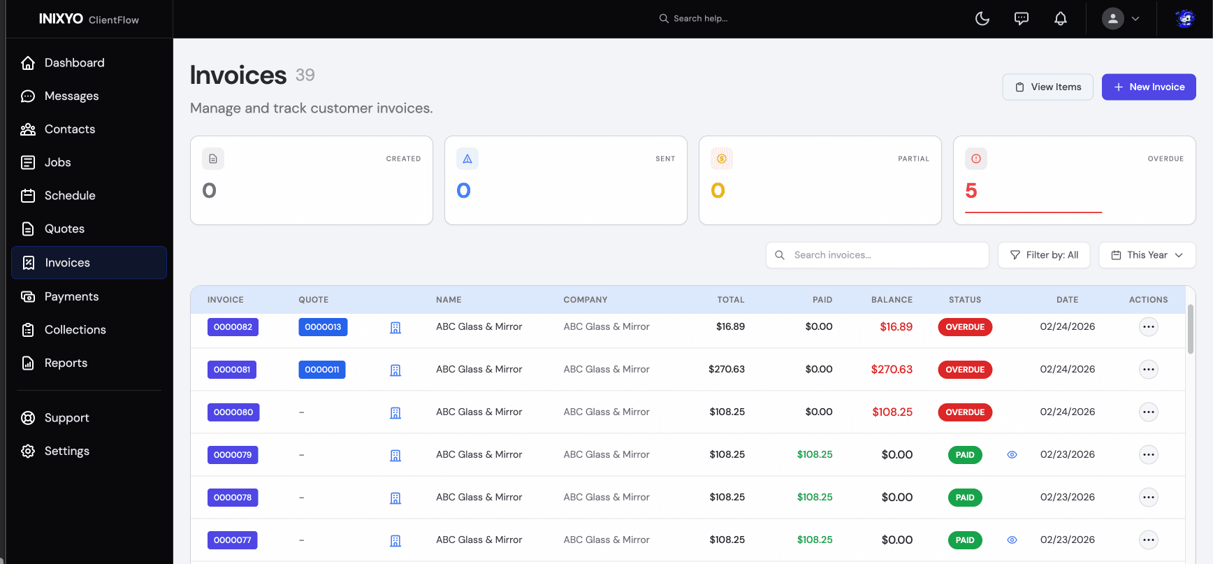 ClientFlow Invoices screen