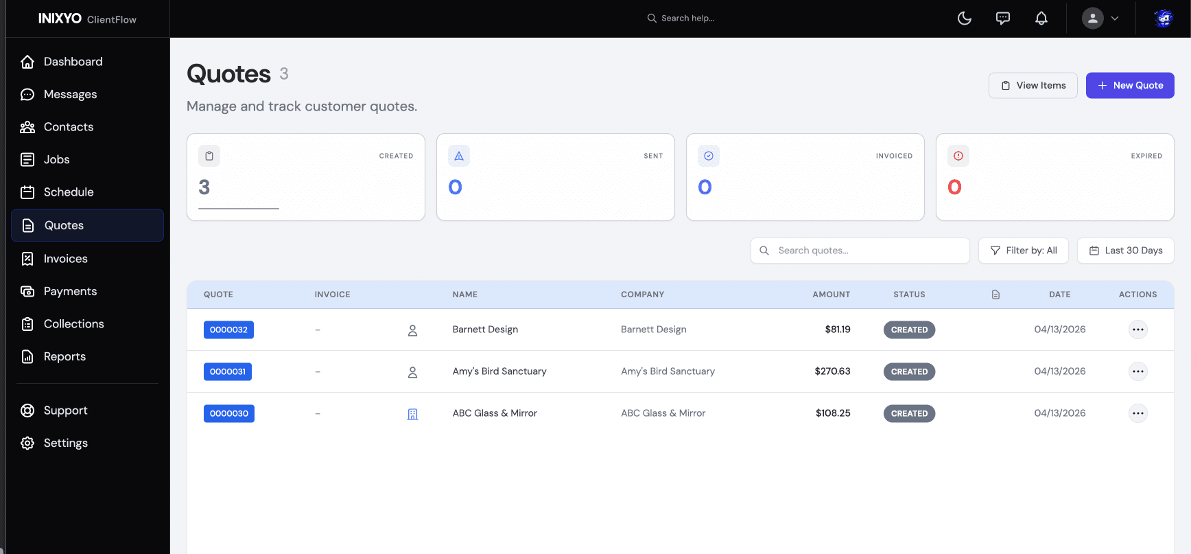 ClientFlow Quotes screen
