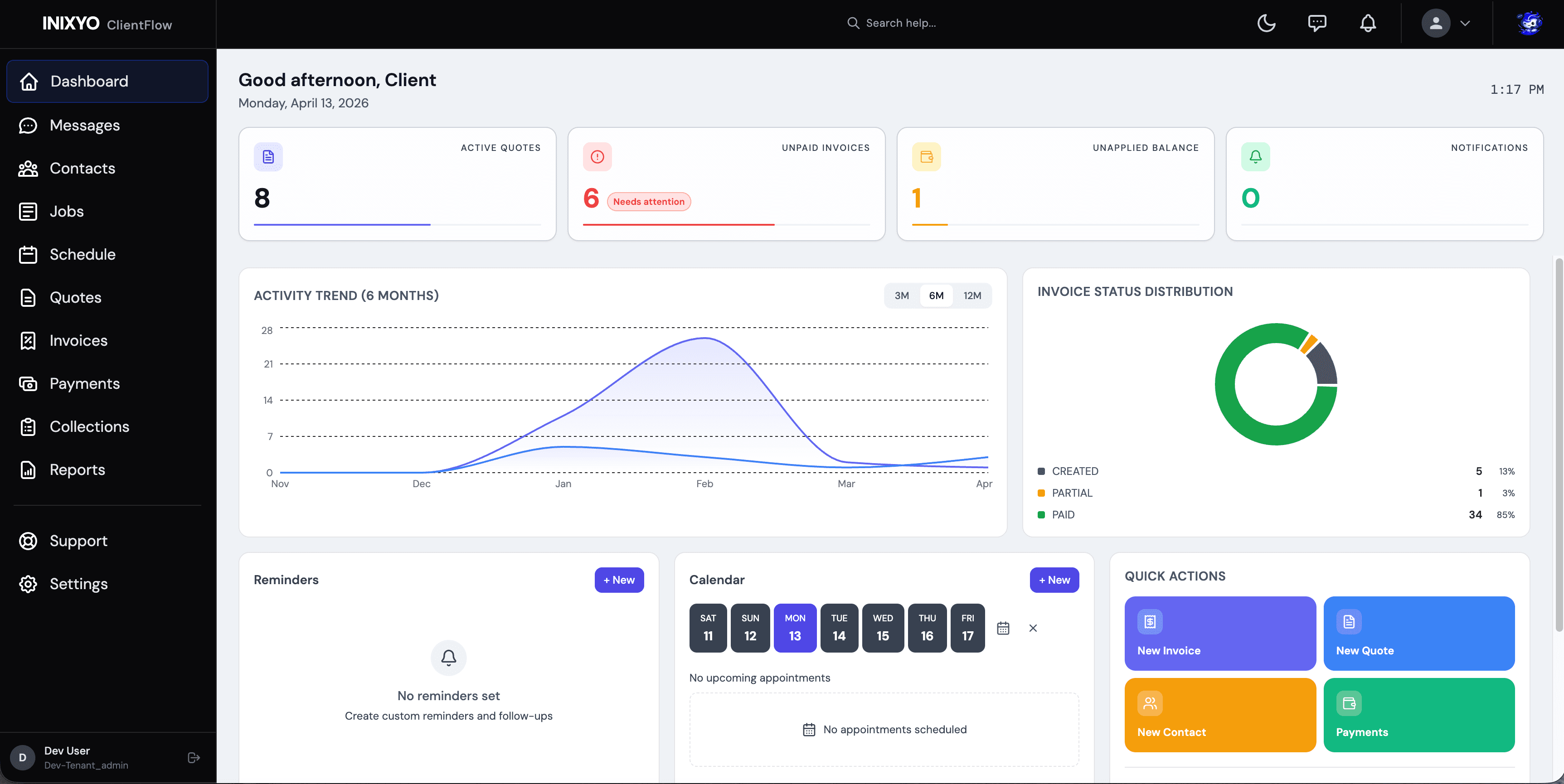 ClientFlow dashboard - revenue, invoices, and business insights